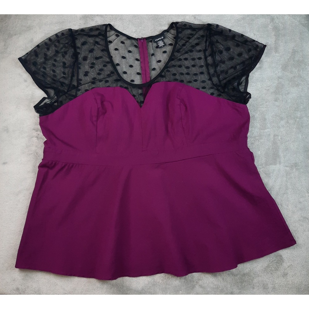 Torrid Babydoll Top Magenta Black Polka Dot Mesh Size 5 5X Whimsigoth Rockabilly